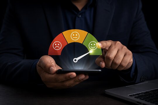 Person holding smartphone with colorful satisfaction meter and key icon