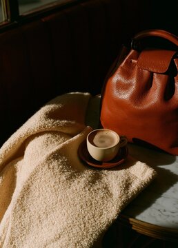 Wooden table with a white marble surface. on the table, there is a beige towel folded neatly on top of it. next to the towel, there are two cups of coffee on a saucer.