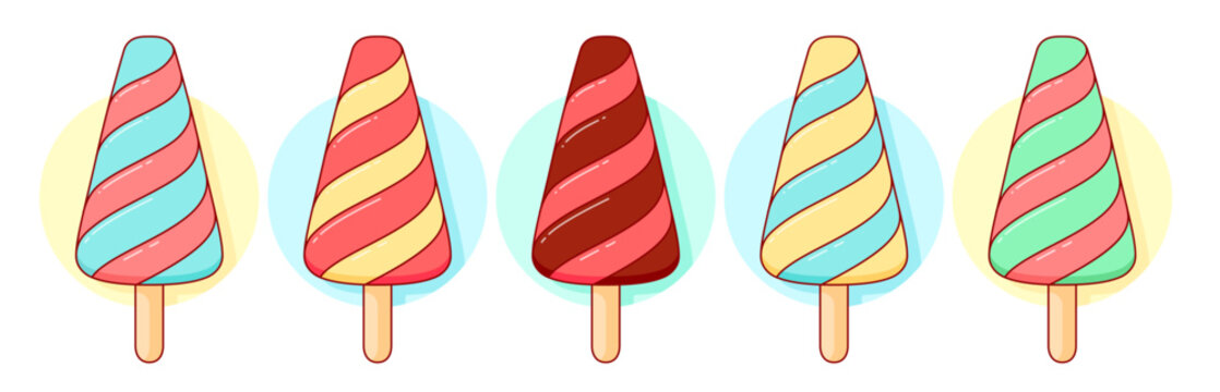 Ice cream scoop, popsicle set. Vanilla ice cream scoop, waffle cone, fruit popsicle color set. Delicious ice cream collection. Tasty summer dessert, icon set, menu, food design. Vector Illustration