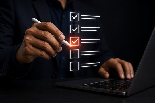 Hand holding pen over checklist on laptop screen with checked and unchecked boxes