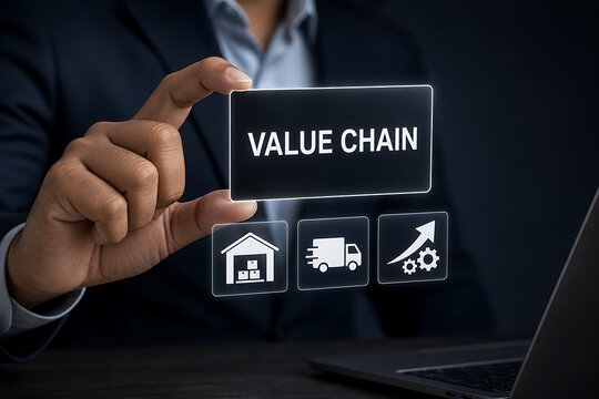 Hand holding smartphone displaying value chain concept with supply icons