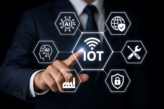 Hand pointing at iot icon surrounded by technology symbols on dark background