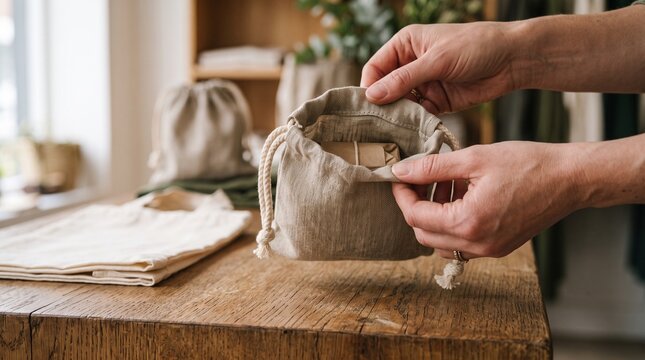 Hands checking a reusable linen gift pouch