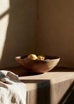 Wooden bowl on a wooden countertop. the bowl is made of light-colored wood and has a smooth finish. inside the bowl, there are several small, round objects that appear to be lemons or lemons.