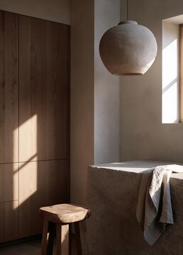 Modern and minimalist interior design of a room with a wooden wardrobe on the left side and a stone bench on the right side. the wardrobe is made of light-colored wood and has a sliding door.