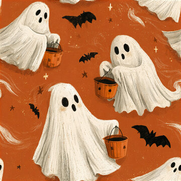 Cute Halloween ghost pattern with white spooky figures holding orange buckets and flying black bats on orange background