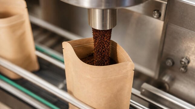 Ground Coffee Filling into Paper Pouches on a Production Line