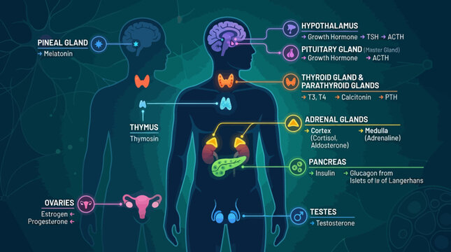 Comprehensive medical infographic of the human endocrine system showing male and female silhouettes with labeled glands, including pituitary, thyroid, adrenal, pancreas, and hormones.