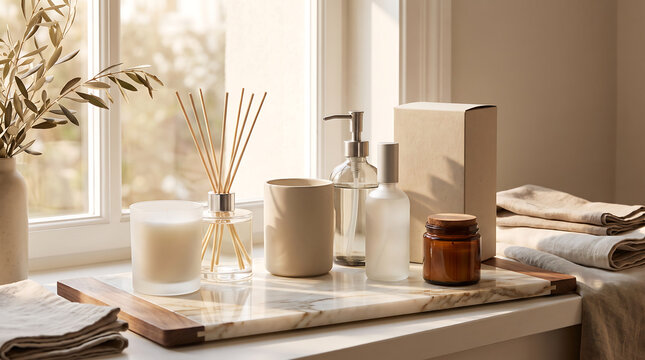 Spa wellness products and home fragrance items arranged on a marble tray near a sunny window transparent background