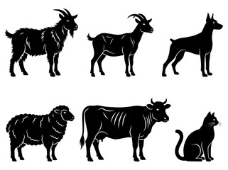 Fototapeta premium Farm and Domestic Animal Vector Silhouettes Set