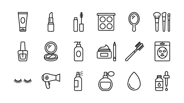 Collection of beauty and makeup icons featuring cosmetics tools and skincare products illustration