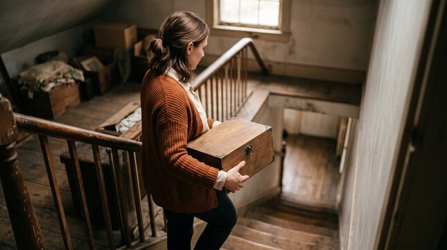 Grown child carries a closed memory box downstairs