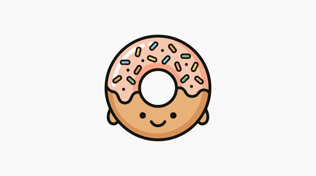 Cute kawaii donut illustration with pink glazed frosting and colorful sprinkles, featuring a smiling cartoon face with small eyes and mouth, isolated graphic design on white background.
