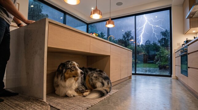 A frightened Australian Shepherd seeks refuge under a sleek kitchen island during a severe lightning storm, illustrating pet anxiety and home comfort. The modern design provides a safe space.