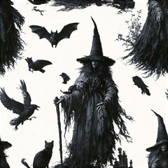Obraz premium Dark fantasy coven seamless pattern with ancient witches, black cats, bats, and ravens creating spooky magical atmosphere