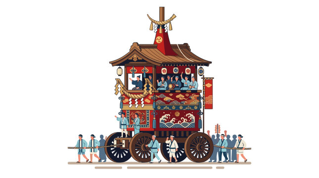 Large ornate Japanese festival float with parade participants