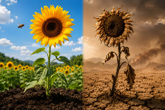 Climate change conceptual split screen, vibrant sunflower in lush field versus dead sunflower in parched desert soil
