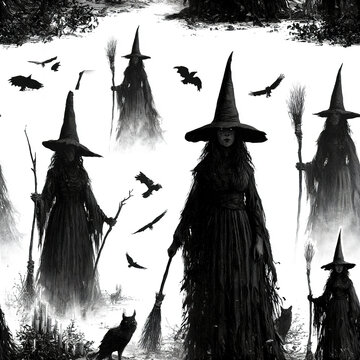 Dark witch coven seamless pattern with eerie sorceresses wearing pointed hats and holding brooms, surrounded by flying bats