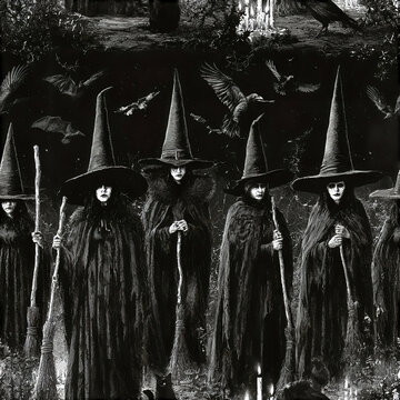 Dark witch coven with tall pointed hats and brooms standing in eerie night surrounded by bats and ravens, spooky atmosphere