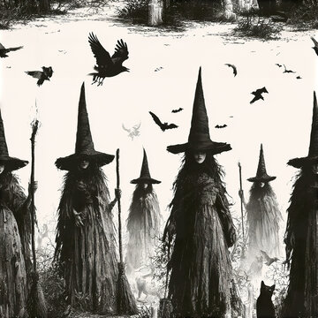 Dark witch coven with eerie sorceresses wearing tall pointed hats holding brooms surrounded by flying bats and crows spooky
