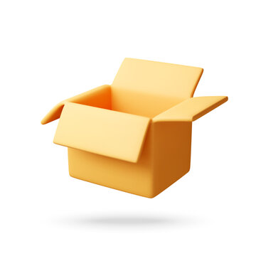 Open cardboard box isolated on white background. 3d vector illustration of shipping container. Delivery, logistics, commerce and online shopping concept. Minimalist object design.