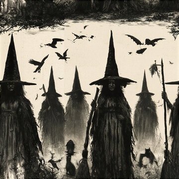 Dark witch coven with eerie sorceresses wearing tall pointed hats and holding staffs in misty forest with flying bats and birds