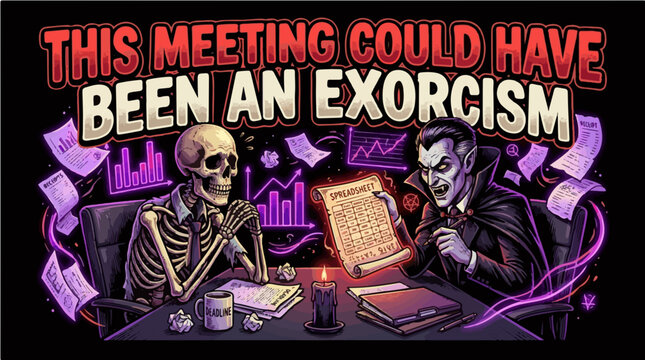 Vampire Boss Presenting Spreadsheet To Skeleton Employee This Meeting Could Have Been An Exorcism Vector