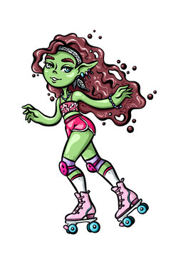 Cute girl roller skating, hand drawn illustration
