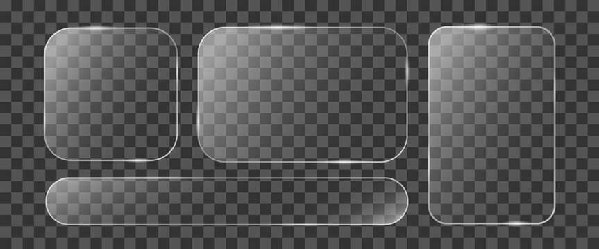 Transparent clear shiny glass set icon bar for modern and futuristic UI design. Square, rectangle and long search bar glass morphism for digital UI, UX. Vector illustration.