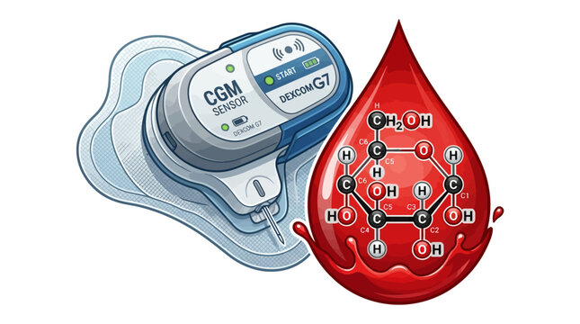 Illustration of a Dexcom G7 continuous glucose monitor CGM sensor device with adhesive patch beside a red blood drop containing a glucose molecular structure on white background.