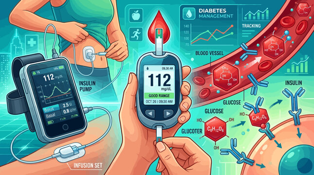 Infographic illustration of diabetes management featuring a blood glucose monitor, insulin pump system, glucose molecule tracking, and blood sugar level charts for medical education.