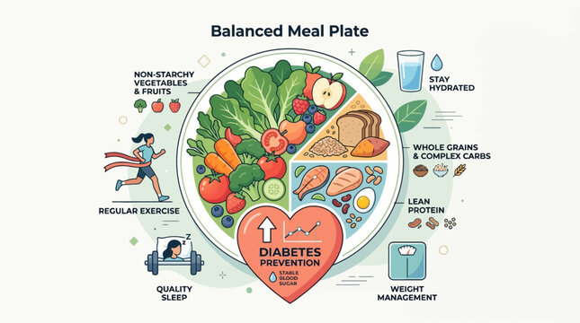 Infographic of a balanced meal plate for diabetes prevention including non-starchy vegetables, fruits, whole grains, lean protein, exercise, sleep, and hydration icons.