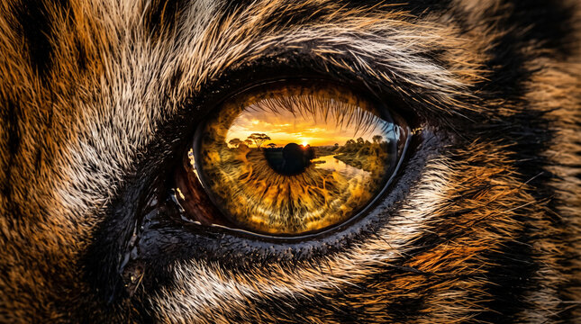 An extreme macro shot of a wild tiger's eye reflecting the warm golden light of the sunset, showcasing the detailed texture of the iris, the wildlife, the power and the majestic vision of the predator