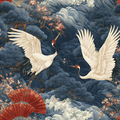 Naklejka premium Elegant Japanese textile pattern featuring flying cranes with red fans, blue pine trees, and delicate cherry blossoms