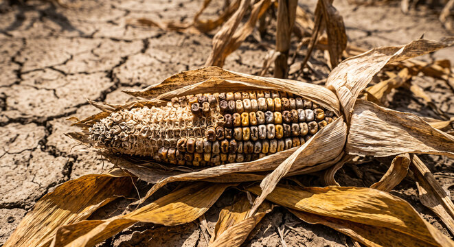 Photorealistic macro shot of a dried stunted corn cob on severely cracked earth during extreme drought
