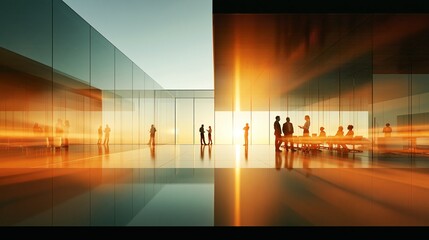 Fototapeta premium Business people discussing ideas in modern office building. Business professionals collaborating in a contemporary office setting with vibrant light streaks