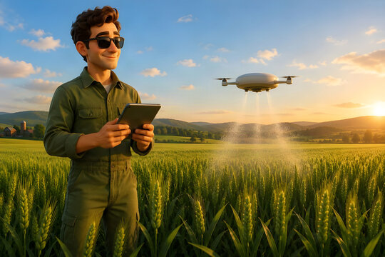 3D cartoon friendly agricultural worker in coverall operating generic abstract drone in wheat field at sunset