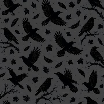 Halloween seamless pattern with black ravens, flying crows, dark gothic leaves, and feathers background