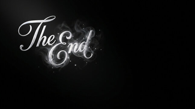 Calligraphic The End text rendered in an elegant white 3D style with swirling smoke effects and subtle light particles