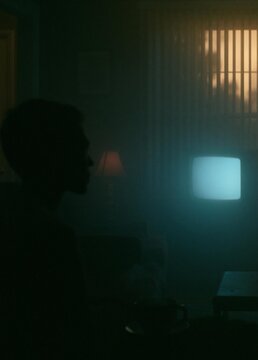 Silhouette of a person sitting in front of a television in a dimly lit room. the person is facing away from the camera, and their face is partially obscured by the shadow of the television.
