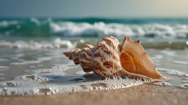 Calm Coastal Scene Featuring a Beautiful Conch Shell on Wet Sand with Gentle Waves