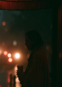 Person standing in front of a window, holding a cup of coffee. the person is facing away from the camera, and their face is partially obscured by the raindrops.