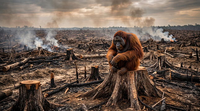 Photorealistic wide shot of an orangutan sitting on a stump in a smoldering deforested rainforest