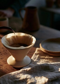 White ceramic coffee dripper on a wooden table. the dripper is filled with dark liquid, which appears to be freshly brewed coffee.