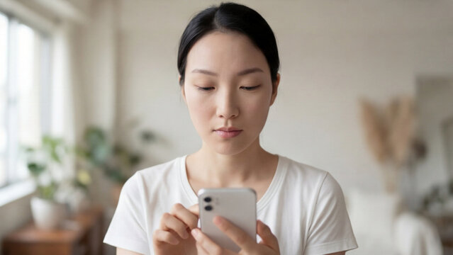 Focused young Asian woman looking at smartphone screen with serious expression indoors