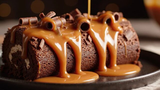 Goey caramel sauce being drizzled over chocolate swiss roll cake on black plate