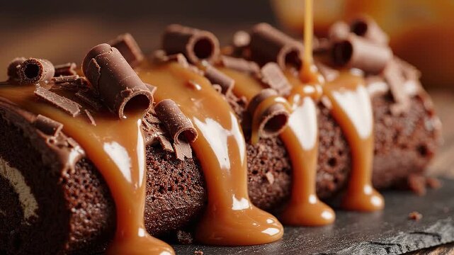Rich chocolate bundt cake with warm caramel drizzle and chocolate chips on dark slate