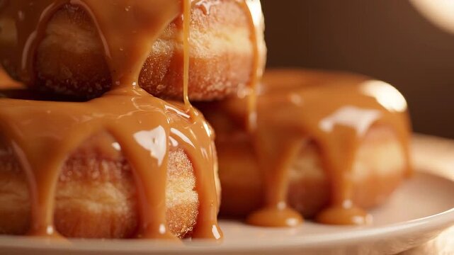 Close-up of caramel glazed donuts with thick syrup dripping on white plate