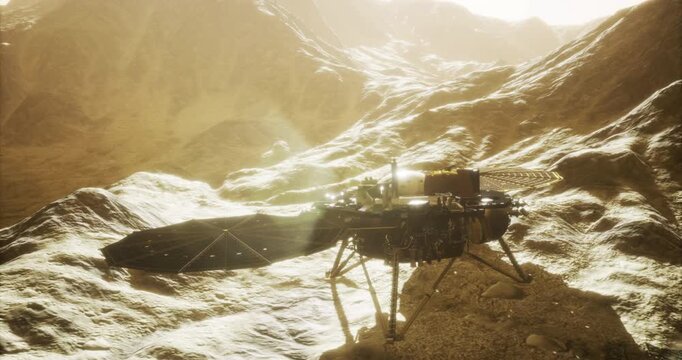 Mars Insight lander stands on the rocky Martian terrain, utilizing its scientific instruments to study seismic activity and gather data about the planets internal structure and geology.