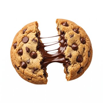 Freshly baked chocolate chip cookie broken in half with melting chocolate chips
